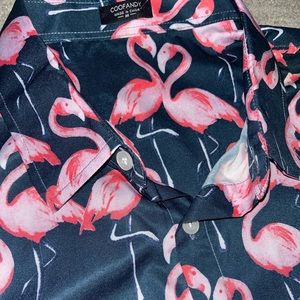 Pink Flamingo Navy Short Sleeve Button Down Shirt!